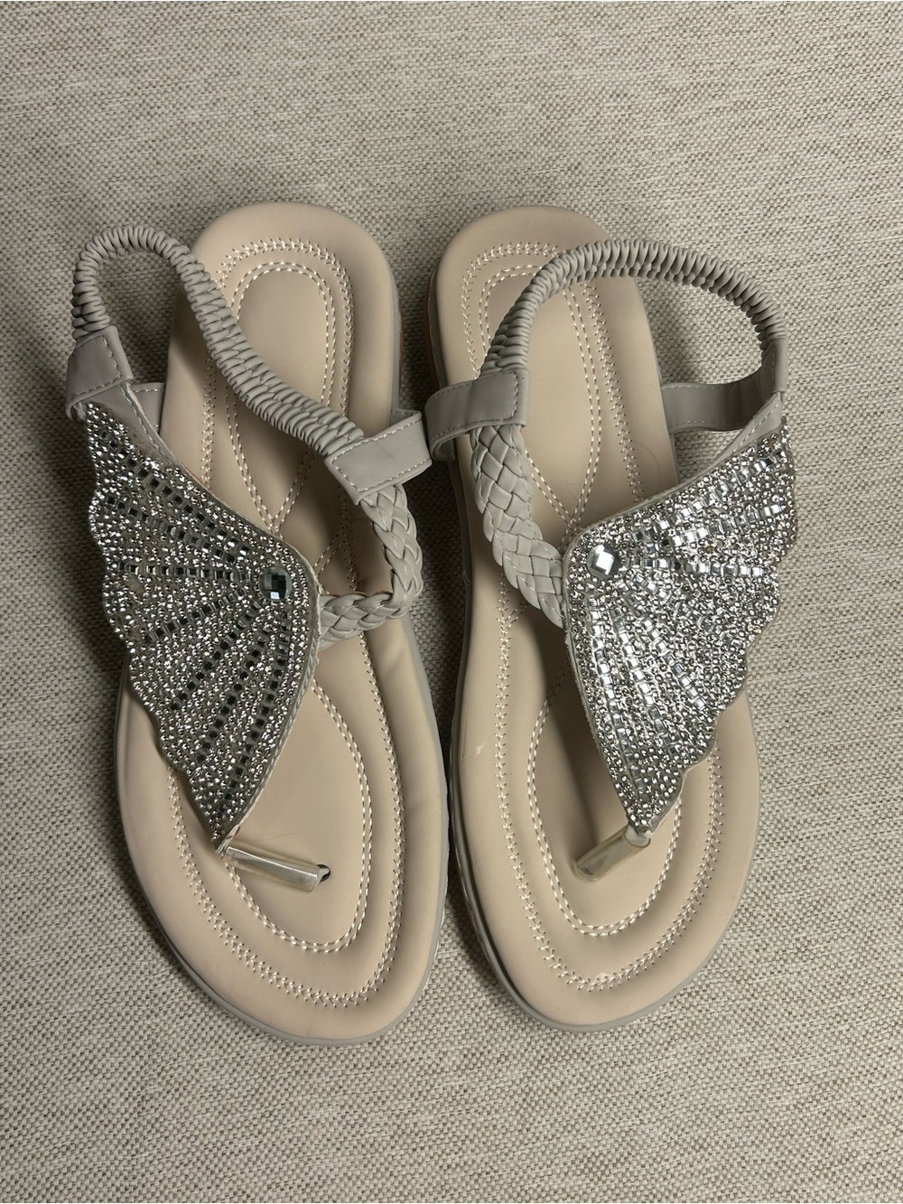 Beige Women's Rhinestone Braided Thong Sandals
